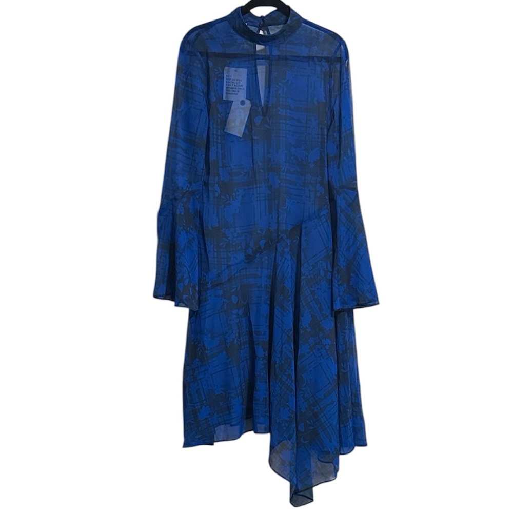 Topshop Sheer Blue and Black Geometric Asymmetrical Long Sleeve Dress NWT